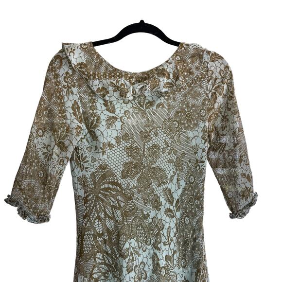 Vintage Danielle Dahan Ruffle Front Midi Dress Blue Brown 90s Women’s Size S - Picture 5 of 9